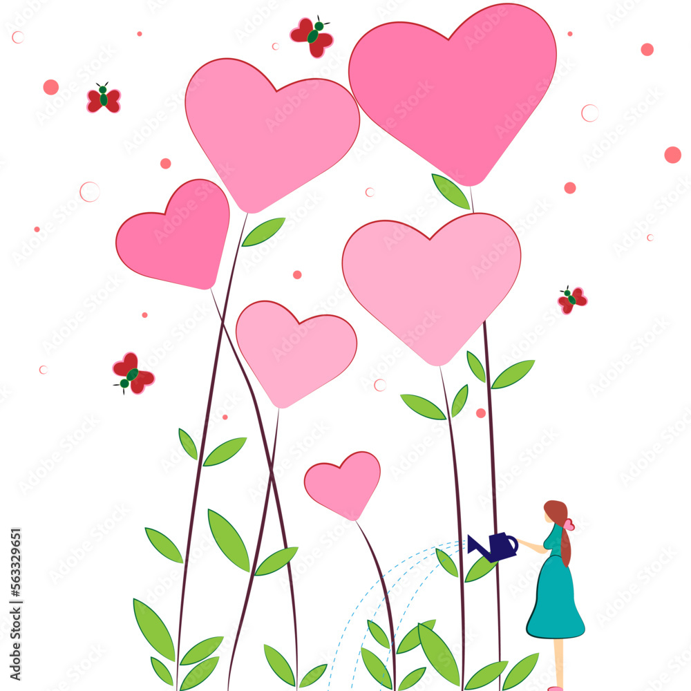 Valentine's Day card, a girl watering flowers from a watering can, flowers from hearts, butterflies fly around the flower, happy valentines day, wedding invitation