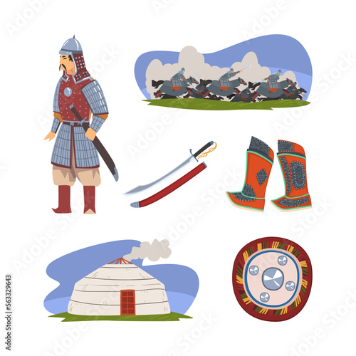 Mongol Nomad Character in Traditional Clothing with Yurt Dwelling, Boots and Shield Vector Set