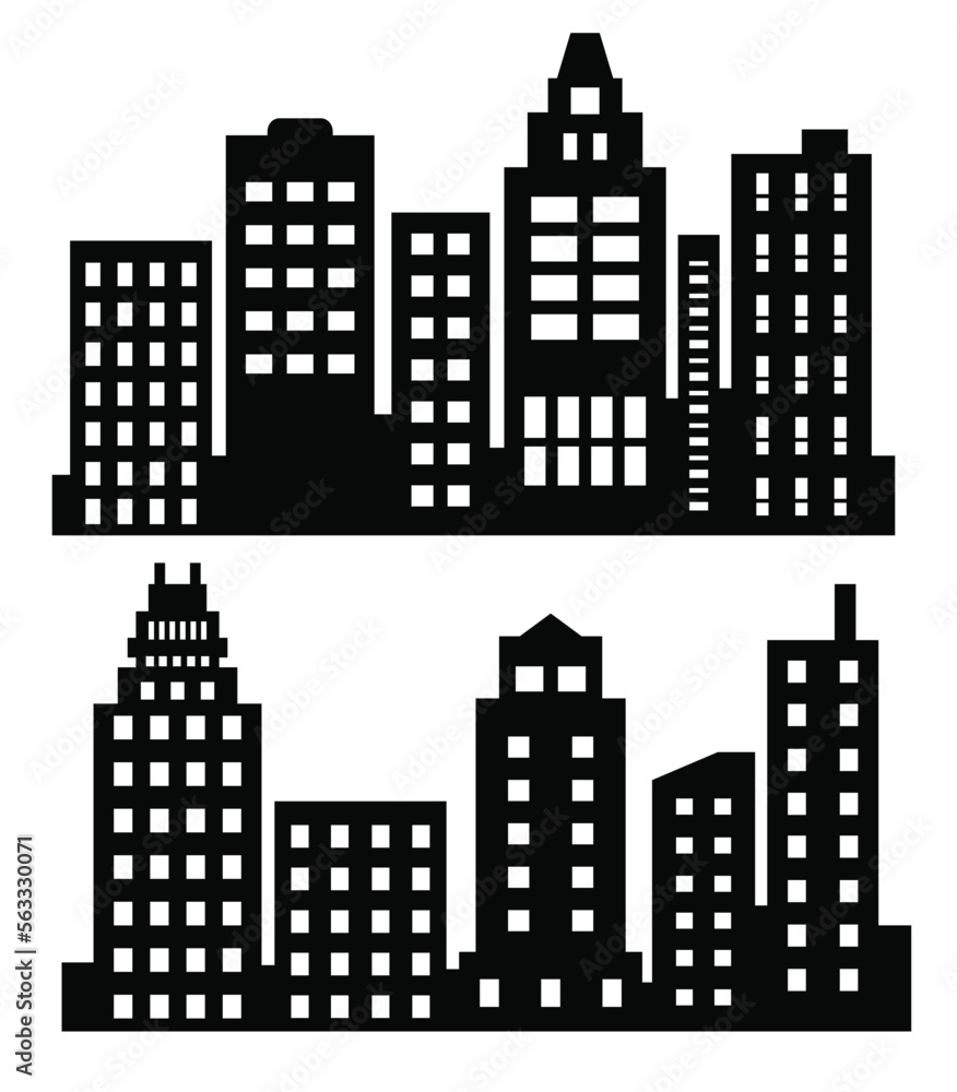 Flat Black Cityscape Silhouette city buildings set Modern Urban
