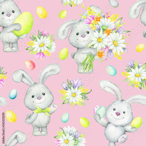 Bunny, Easter eggs, chamomile, flowers. Seamless pattern . Watercolor drawing for the Easter holiday.