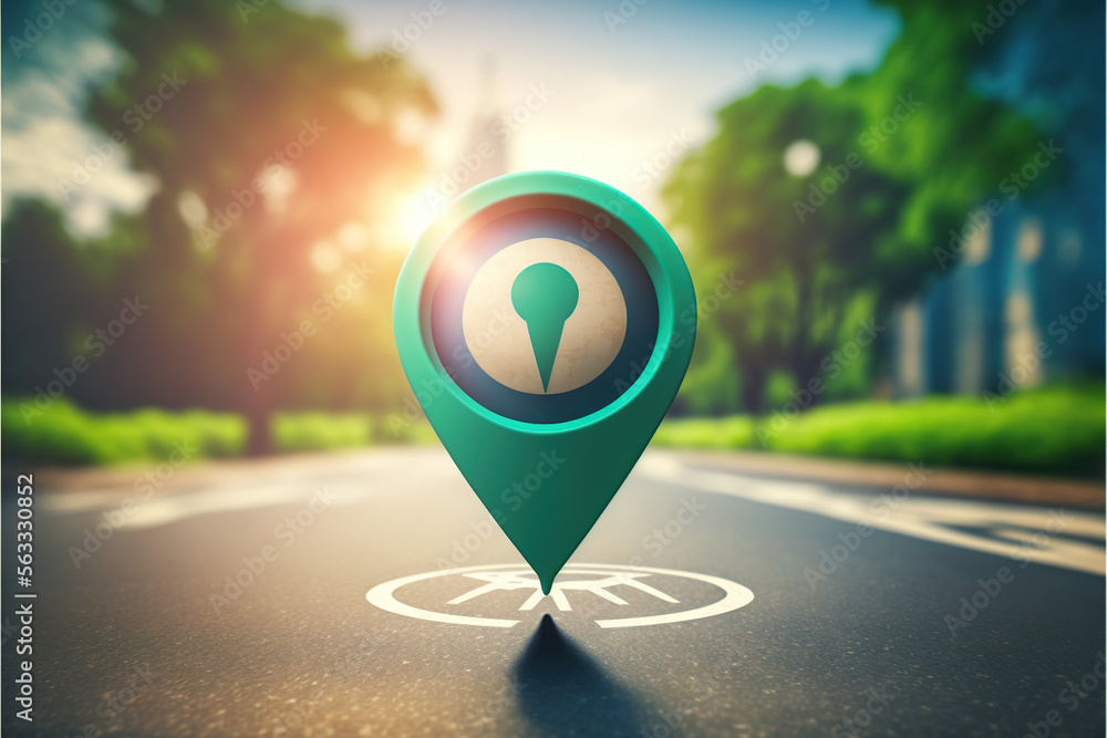 Location pin sign icon and gps navigation map road direction background ...