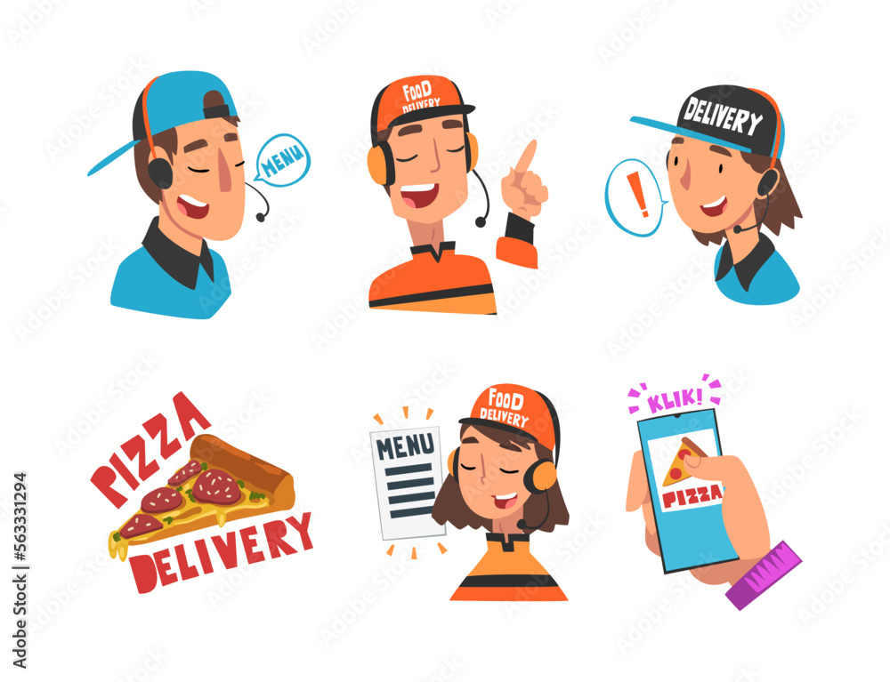 Delivery Service of Takeaway Food with Operator Taking Orders and Smartphone App Vector Set.