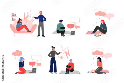 Teenagers Suffering from Psychological Problems Like Anxiety and Depression Vector Set