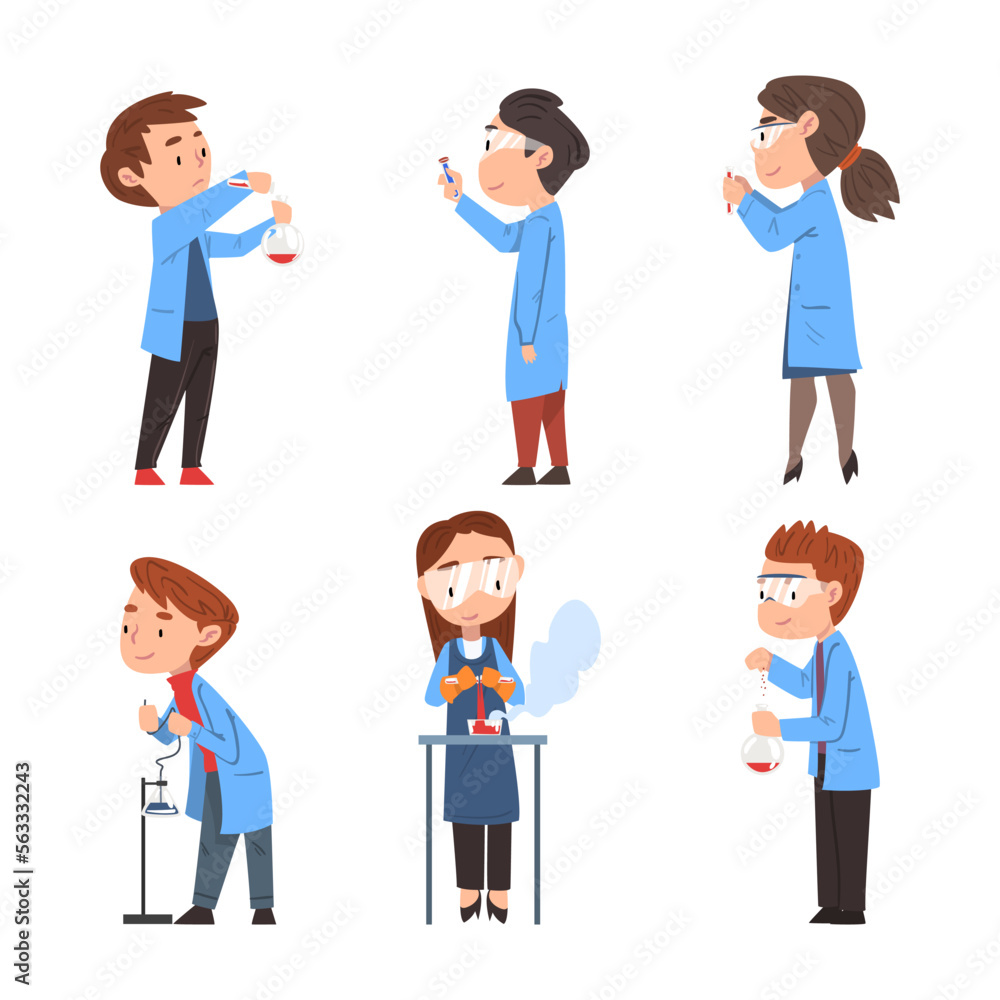 Man and Woman Scientist in Lab Coat with Flask Conducting Scientific Research Vector Set Man and Woman Scientist in Lab Coat with Flask Conducting Scientific Research Vector Set