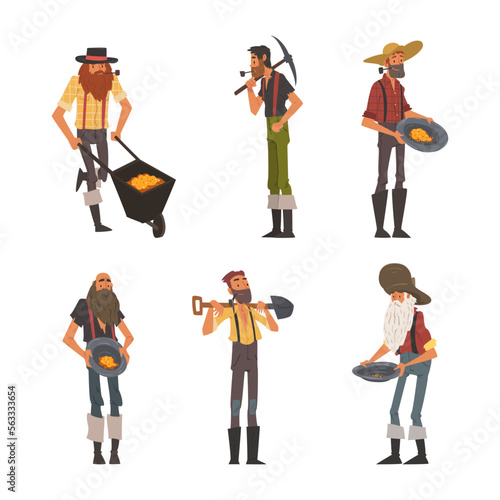 Bearded Male Prospector Characters with Shovel and Pickaxe Vector Set