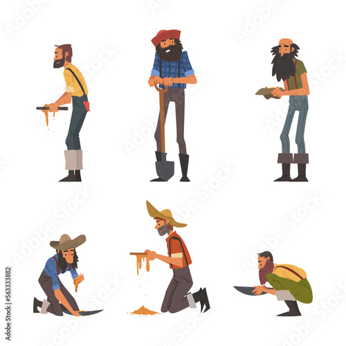 Bearded Male Prospector Characters with Shovel and Pan Vector Set
