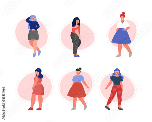Attractive Plus Size Woman Character in Fashionable Clothes Vector Set