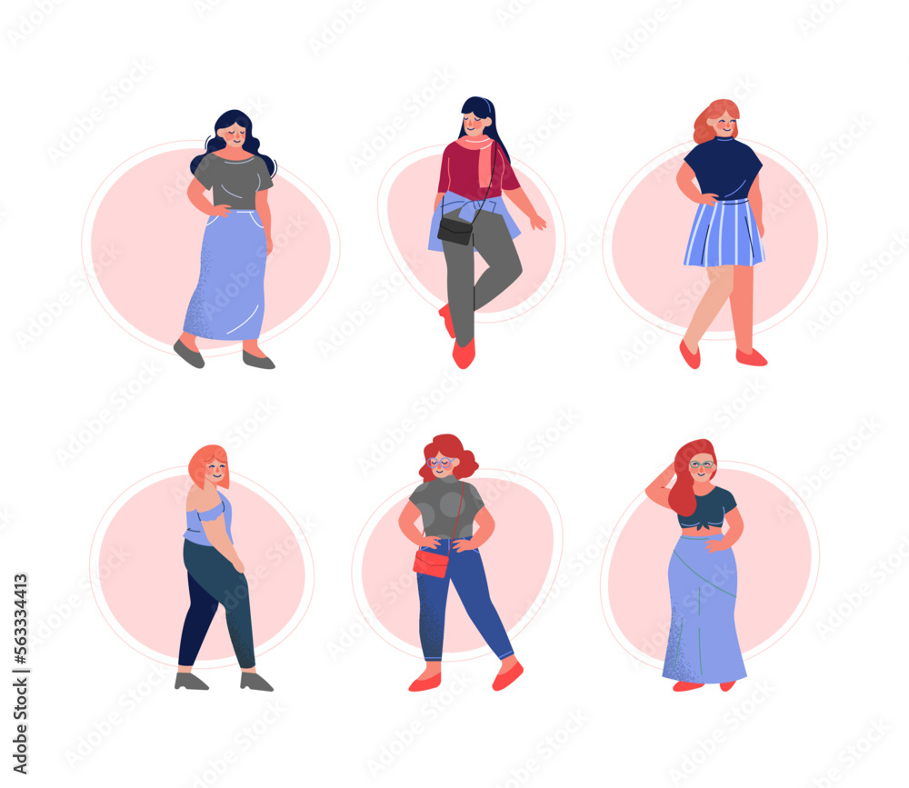 Attractive Plus Size Woman Character in Fashionable Clothes Vector Set