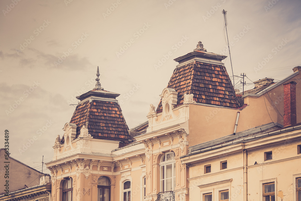 The roof of an ancient building in the city of Lviv, Ukraine, summer