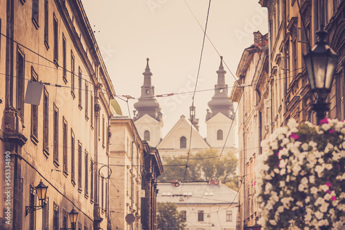 View of the ancient cathedral in the city of Lviv, Ukraine, vintage processing, summer