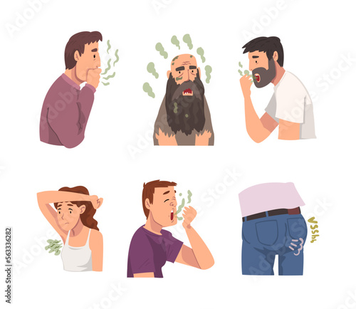 Stinky Man and Woman Character Having Bad Odor from Their Clothes, Mouth and Armpit Vector Set