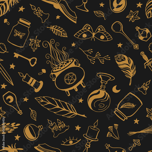 Seamless pattern with hand drawn magic tools, concept of witchcraft. Witchcraft, magic background for witches and wizards.