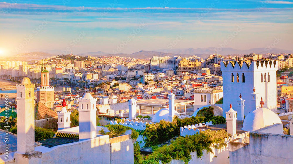 sunset over the city Tangier Morocco  - obrazy, fototapety, plakaty 
