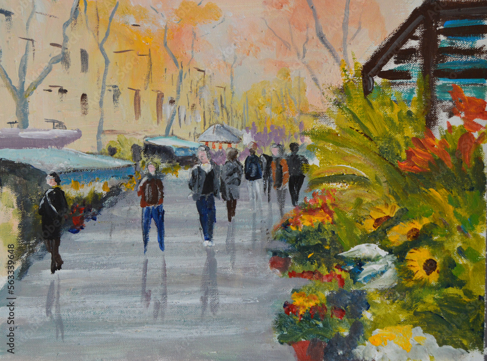 Obraz premium Illustration of a watercolor of the Ramblas of Barcelona, Spain