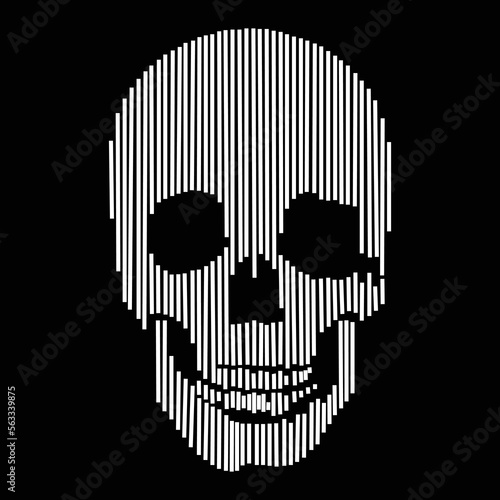 Vector line- art skull made by vertical lines. Human skull front view, enlightened from under.