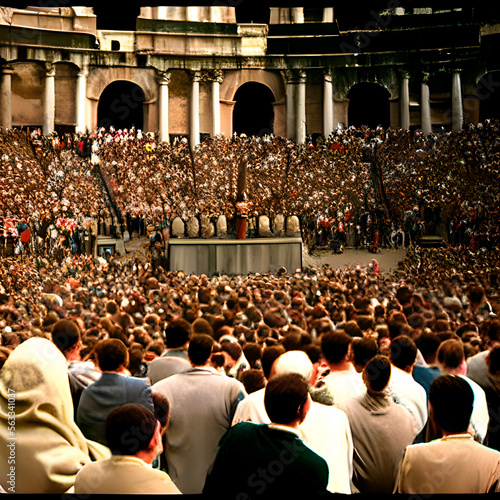 reconstruction of a crowd listening to a Roman emperor speaking in Rome in the Colosseum- generated ai