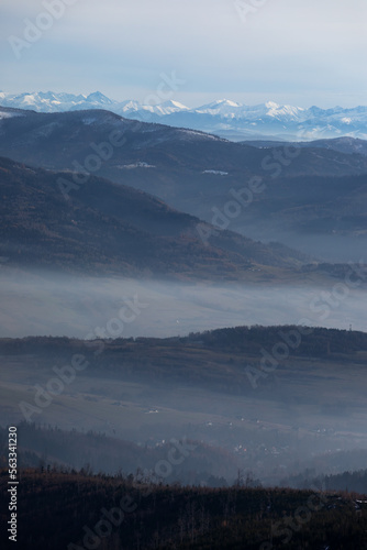 Misty hills landscape in southern Poland in Wisla