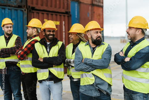 Industrial engineers working in logistic terminal of container cargo