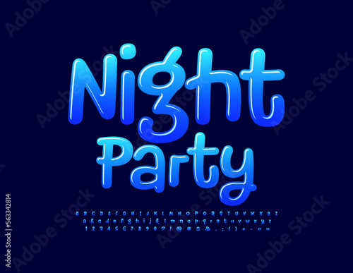 Vector funny banner Night Party. Playful Glossy Font. Creative set of Alphabet Letters and Numbers