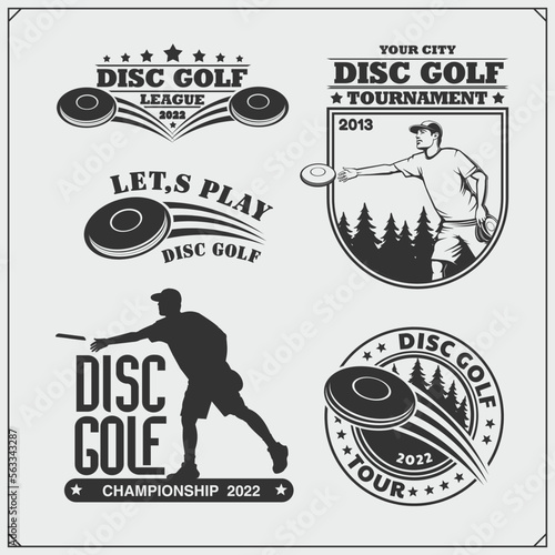 Disc ball badges, labels and design elements. Sport club emblems. Print design for t-shirt.