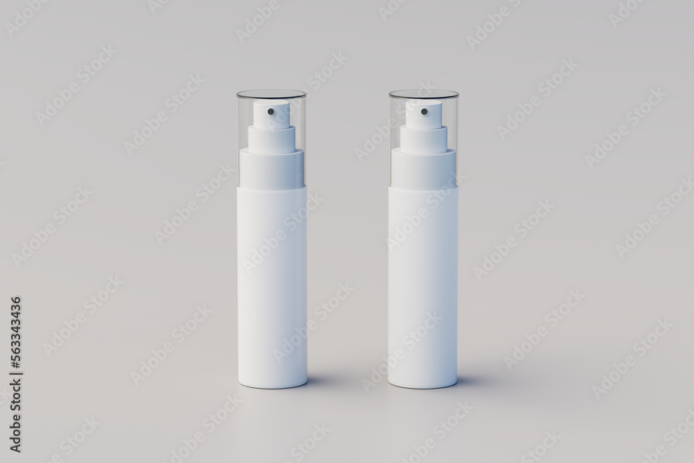 White Plastic Spray Bottle Mockup - Multiple Bottles. 3D Rendering White Plastic Spray Bottle Mockup - Multiple Bottles. 3D Rendering