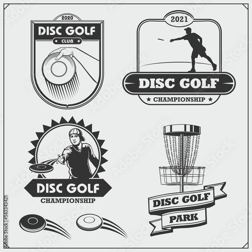 Disc ball badges, labels and design elements. Sport club emblems. Print design for t-shirt.