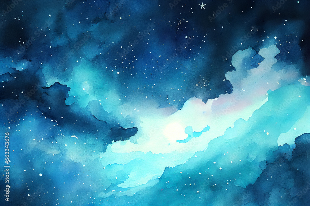 青い星空雲の水彩素材、きらめく星、青い天の川の背景