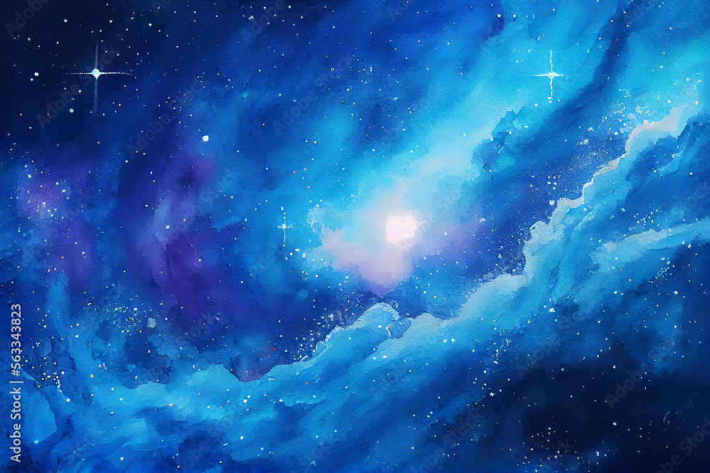 Fototapeta premium 青い星空雲の水彩素材、きらめく星、青い天の川の背景