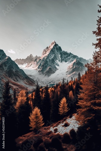 Portrait of a mountain range blanketed in snow and forests in winter.
