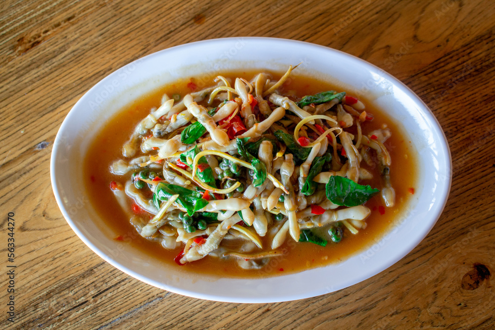 Stir-fried Razor clams with chili and Thai basil, Top view. Stir-fried Razor clams with chili and Thai basil, Top view.