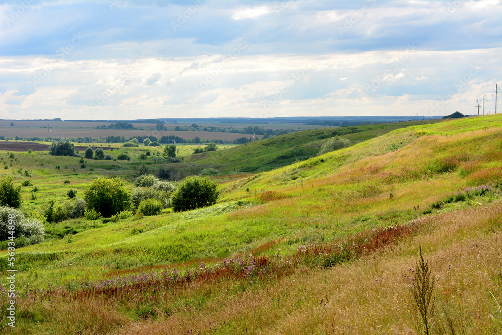 valley with green hills, trees and bushes, agricultural field and cloudy sky on horizon