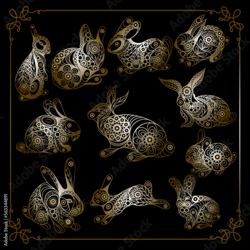 Black water rabbits-symbol of 2023. Chinese New Year. Holiday zodiac sign of animal. Vector illustration set.
