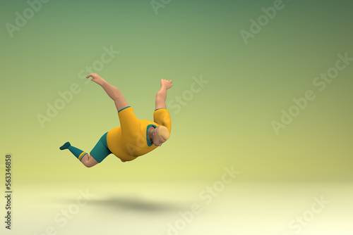 An athlete wearing a yellow shirt and green pants. He is falling down. 3d rendering of cartoon character in acting. © Ake