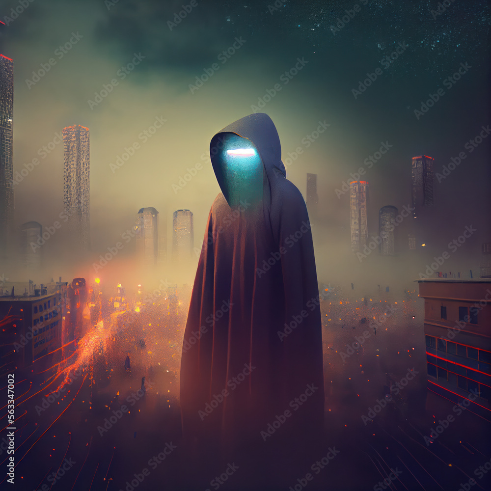 Mysterious hooded figure with a glowing face, in front of a smoking ...