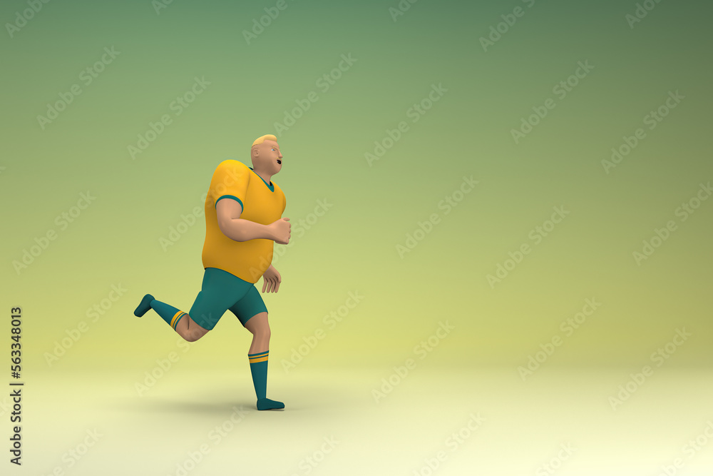 An athlete wearing a yellow shirt and green pants. He is doing exercise. 3d rendering of cartoon character in acting.
