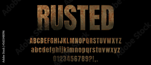 Rusted metal font design with uppercase lowercase letters and numbers, bold typeface, rust texture alphabet for poster, banner or website