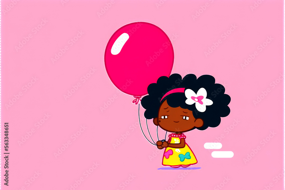 Little black girl with pink balloon on pink background and copy space, generative ai illustration
