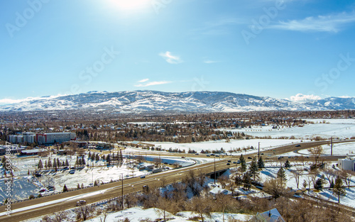 Aerial view of Reno Nevada after a recent snow storm.