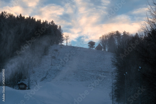 Dzikowiec Mountain in Boszow-Gorce near Walbrzych, Poland. Winter time. Viewing point on the top.