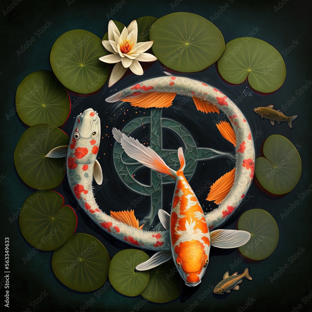 a painting of two koi fish in a pond with lily pads and a cross on the ...