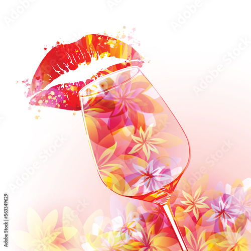Enjoying wine with floral aroma. Tasting events, degustation, celebrations and special occasions. Woman sipping alcoholic drink. Vector illustration of lips and glass in pink color.