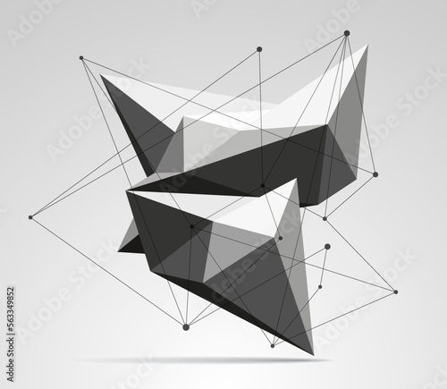 Volume geometric shape, lines and points, 3d crystal, abstraction low polygons object, vector design form
