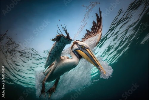 Vászonkép a pelican is swimming in the water with a fish in its mouth and another bird is flying above it in the water with its wings spread out, and its wings spread out