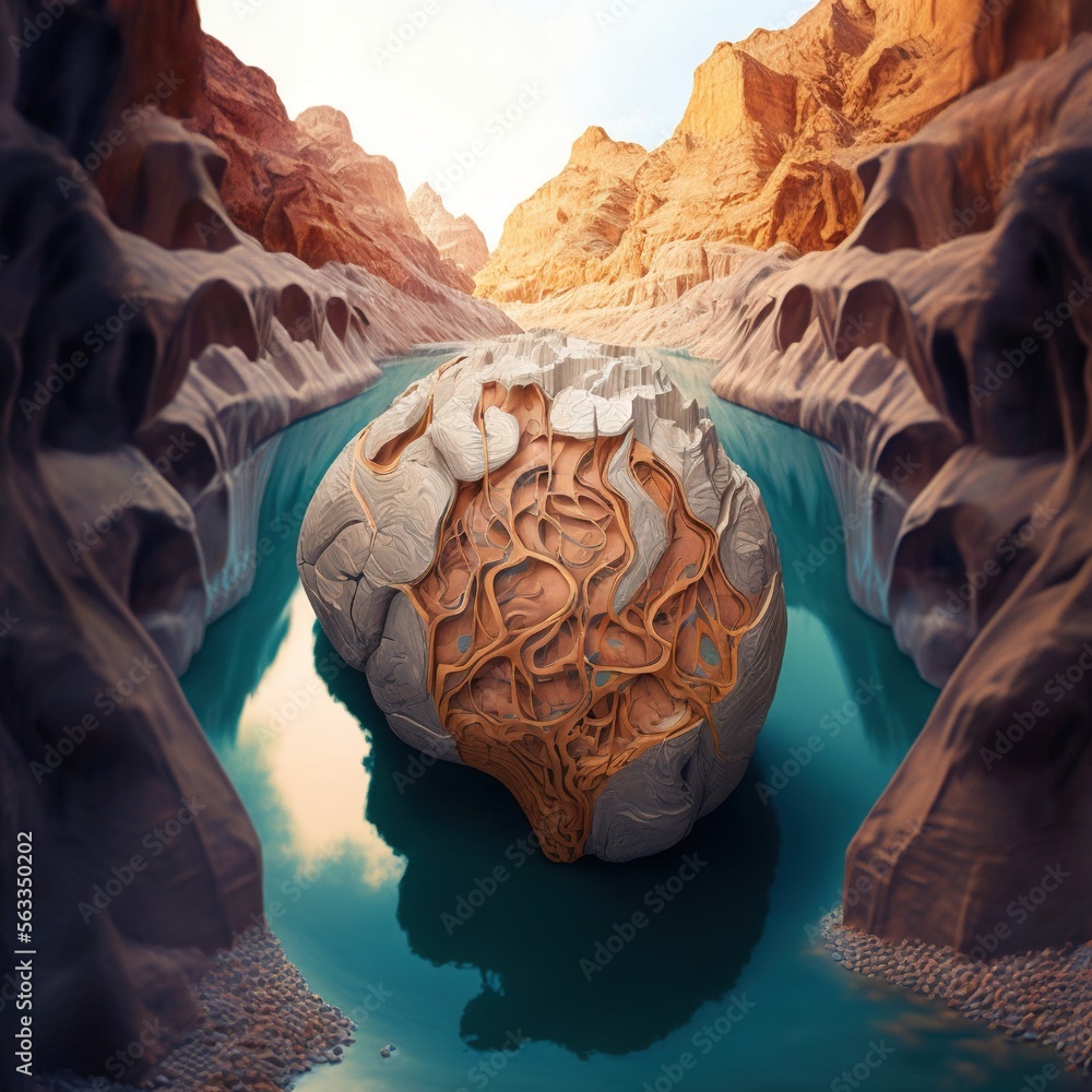 Realistic Italian Brain Rocks Ilustrace „ a rock with a brain on it in a river surrounded by ...