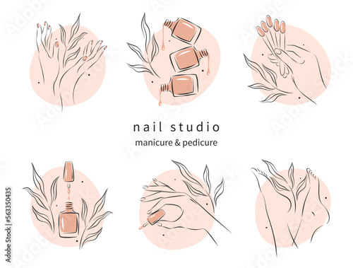 Set of elements and icons for nail studio. Nail polish, nail brush, manicured female hands and legs. Vector illustrations