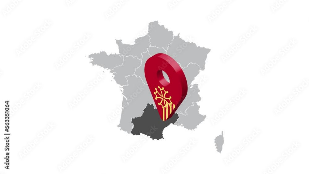 Location Occitania on map France. 3d Occitania flag map marker location ...