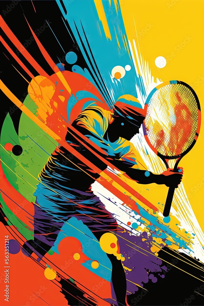 Tennis Racket With Splatter Vector a man holding a tennis racquet on top of a tennis court with colorful ...