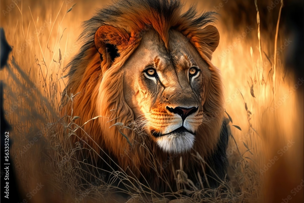 Lion in the savannah. Generative AI