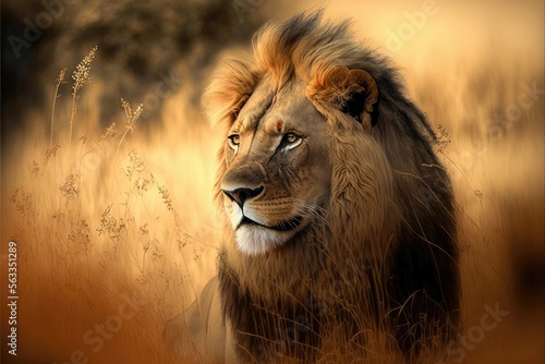 Lion in the savannah. Generative AI