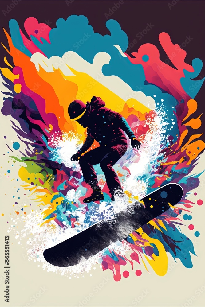  a man riding a snowboard on top of a colorful wave of paint on a white background with a black frame and a black background with a black border and white border with a red, Generative AI - obrazy, fototapety, plakaty 
